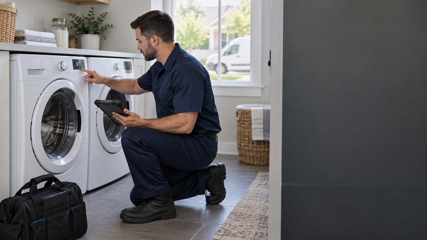 AI-generated scene of an appliance repair technician inspecting a front-loading washing machine in a U.S. home