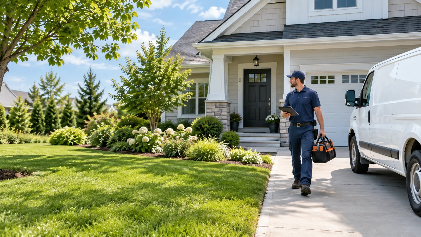 AI-generated illustrative scene of a home service technician with a tablet and tool bag beside an American-style suburban house and unbranded white van