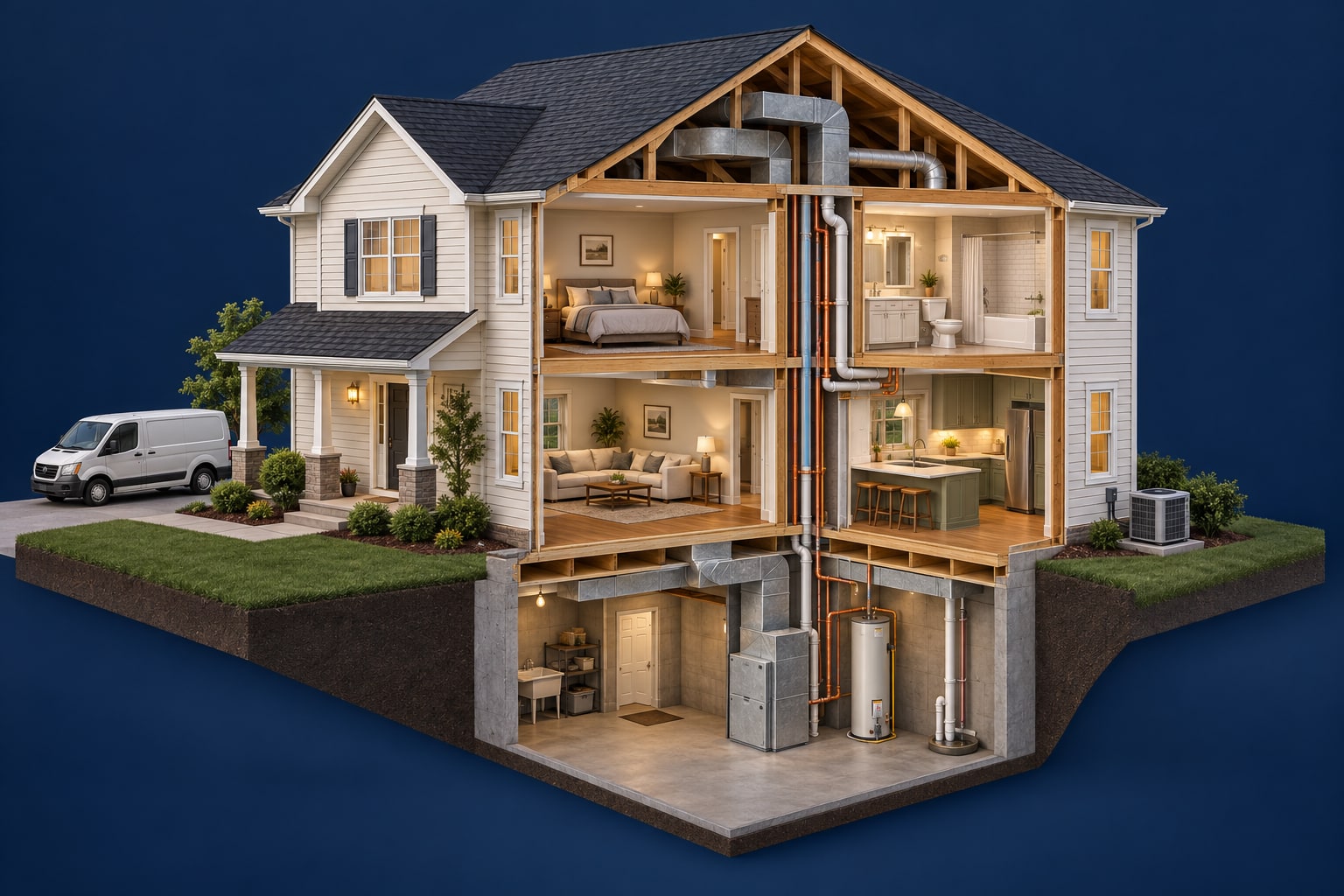 Conceptual cutaway of an American home showing central air conditioning, basement furnace, water heater and plumbing, with a service van outside