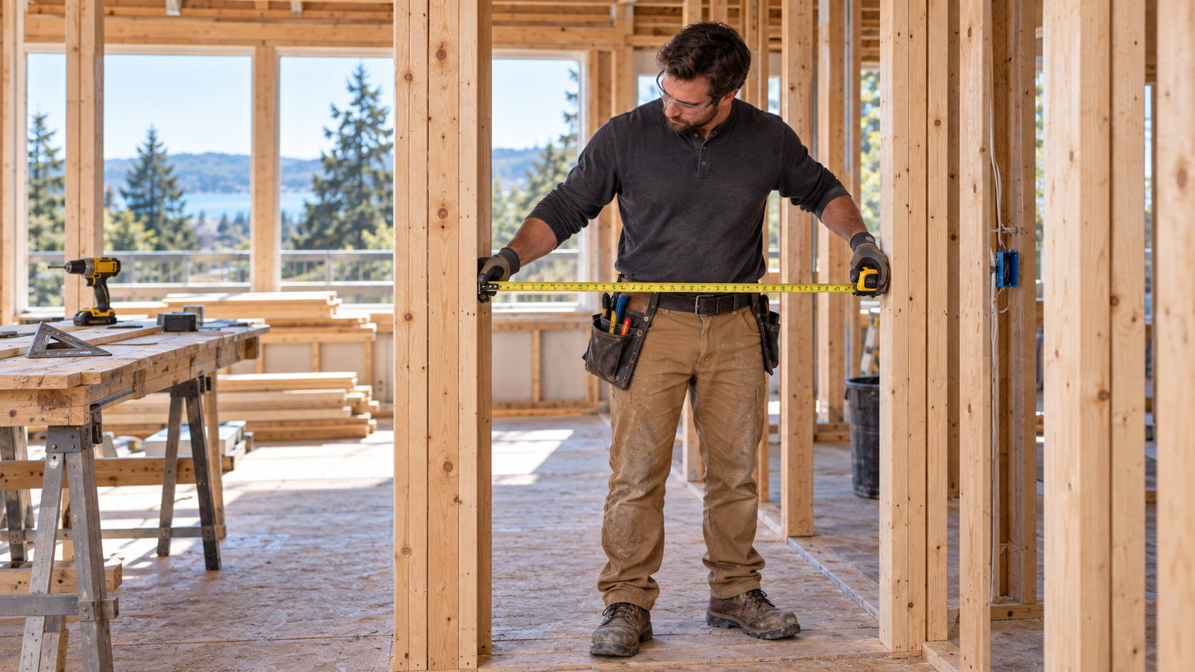 Remodeling carpenter measuring and fastening timber framing inside a U.S. home